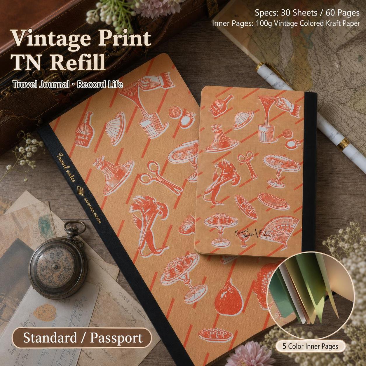 Travel Notebook Journal - Retro-Reise-Notizbuch, bunte, unbeschriftete Innenseiten, strukturiertes Papier,